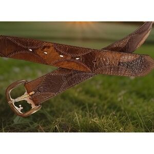 READ Justin Belt Mens 36 Brown Genuine Ostrich Western Brass Buckle Made In USA